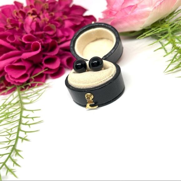 VINTAGE⚜️14K GOLD ONYX Polished 8MM Gemstone Orb Stud Earrings - Picture 3 of 13